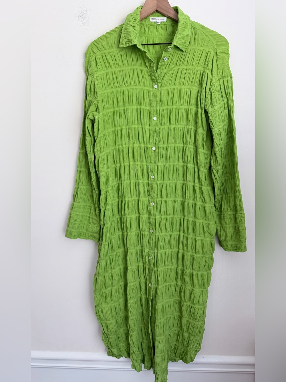 Little Lies Boho green crinkled Midi shirt Dress button front long sleeve M/L